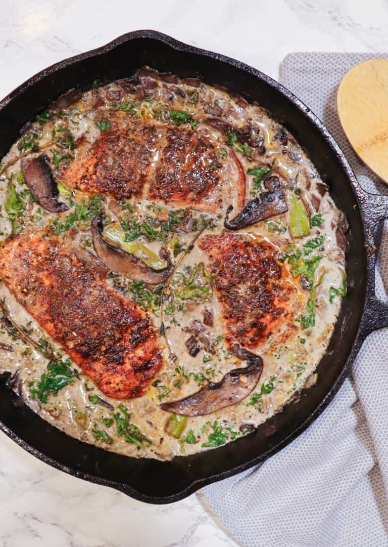 blackened salmon with mushroom cream sauce