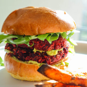 beet burger made with quinoa and vegetables