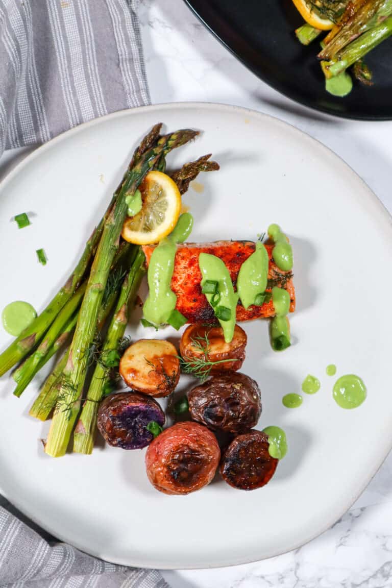 easy sheet pan salmon with avocado crema