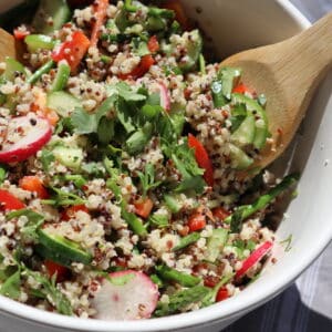 quinoa with cucumber, parsley, radish, and tomatoes