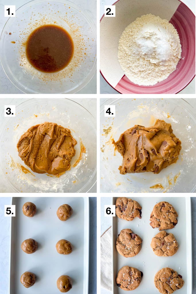 a 6 step visual showing how to make vegan gluten free chocolate chip cookies