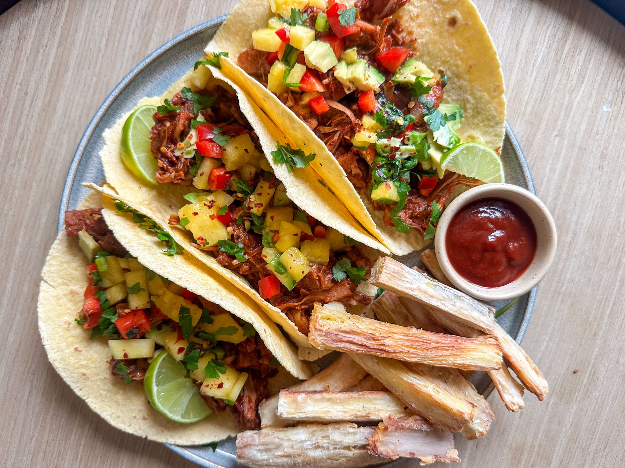 jackfruit tacos with yuca fries