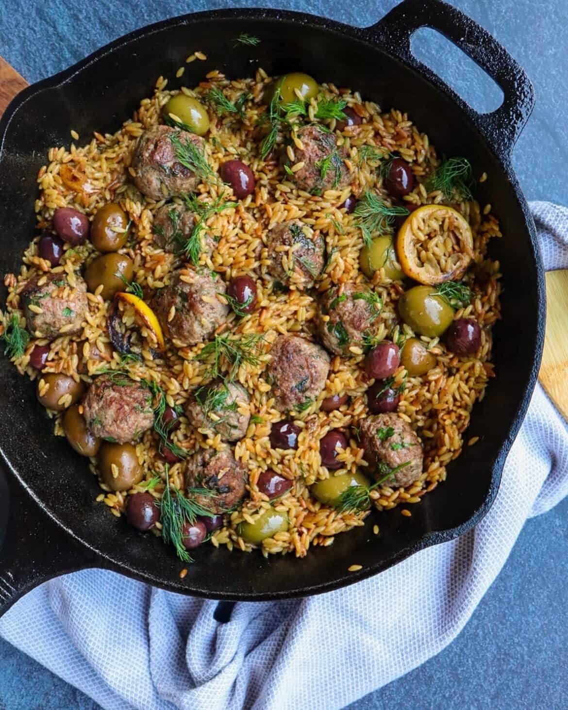 One-Pot Greek Orzo with Lamb Meatballs - Good Food Baddie