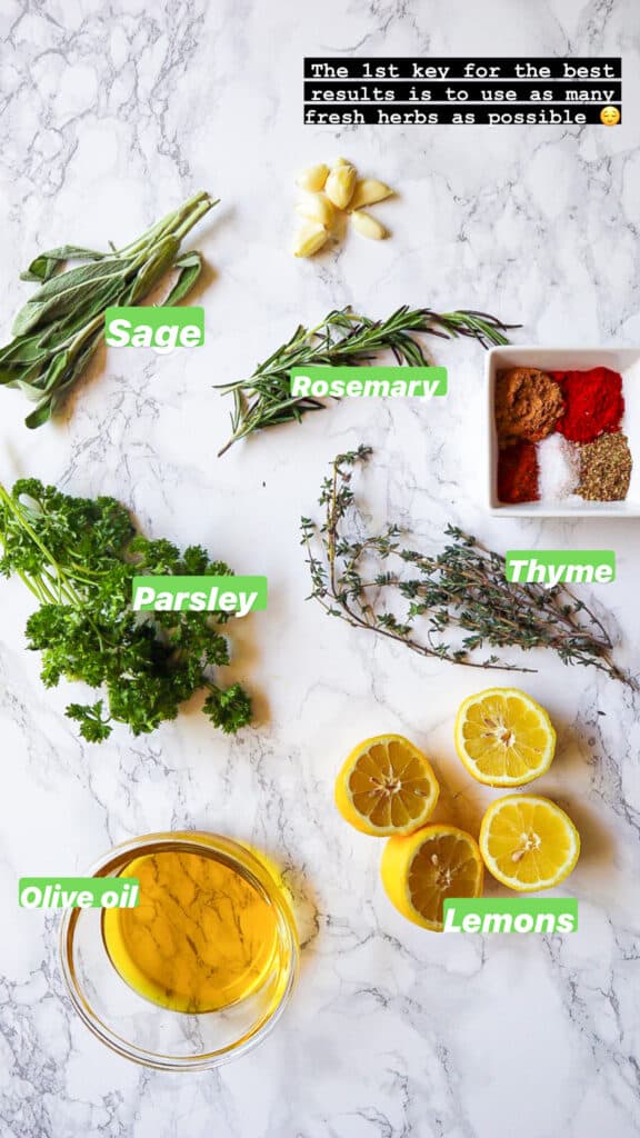parsley, sage, spices, garlic, olive oil, lemon, thyme