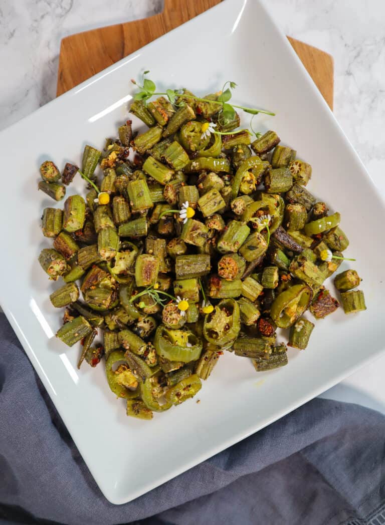 Overhead view of plated Crispy Oven Baked Okra.