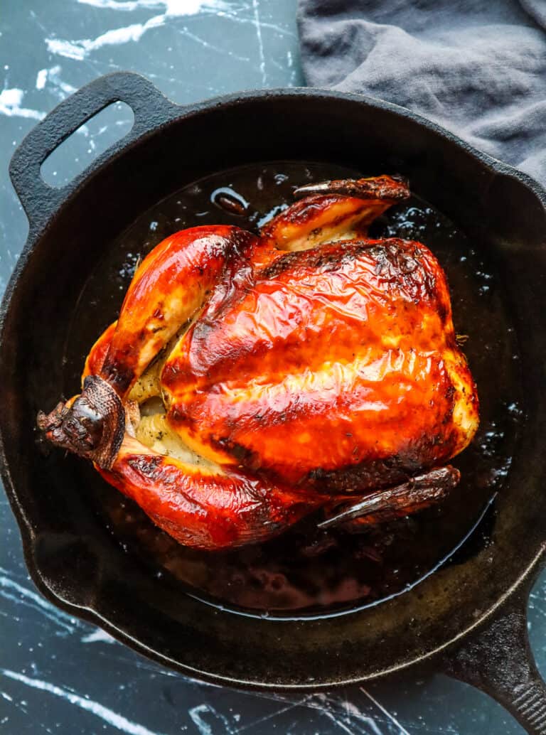 buttermilk roast chicken in a cast iron skillet