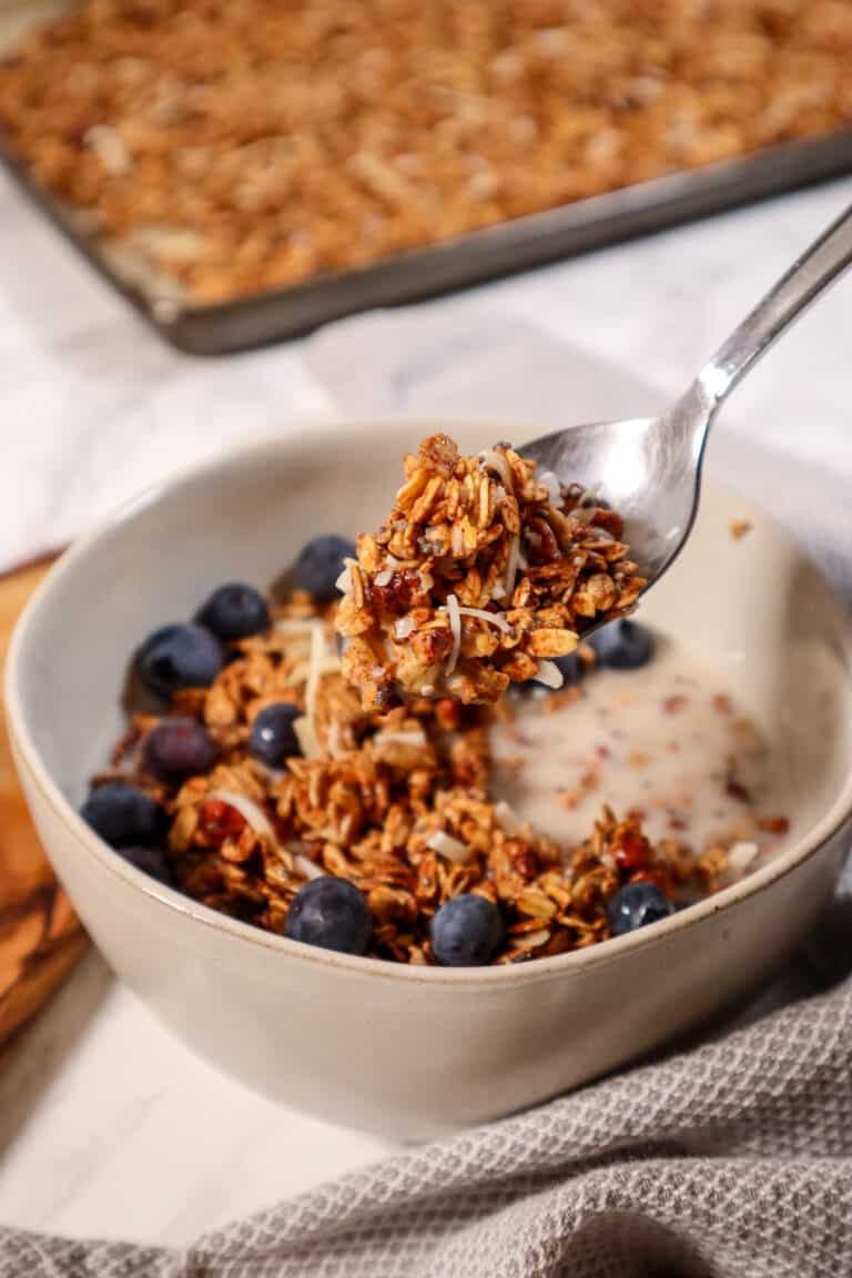 gluten free protein granola in a white bowl topped with blueberries with a spoon over bowl filled with granola