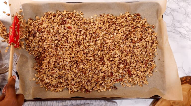 granola on a baking sheet