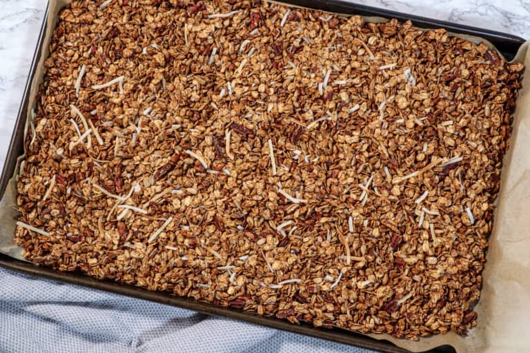 homemade gluten free granola on a baking sheet