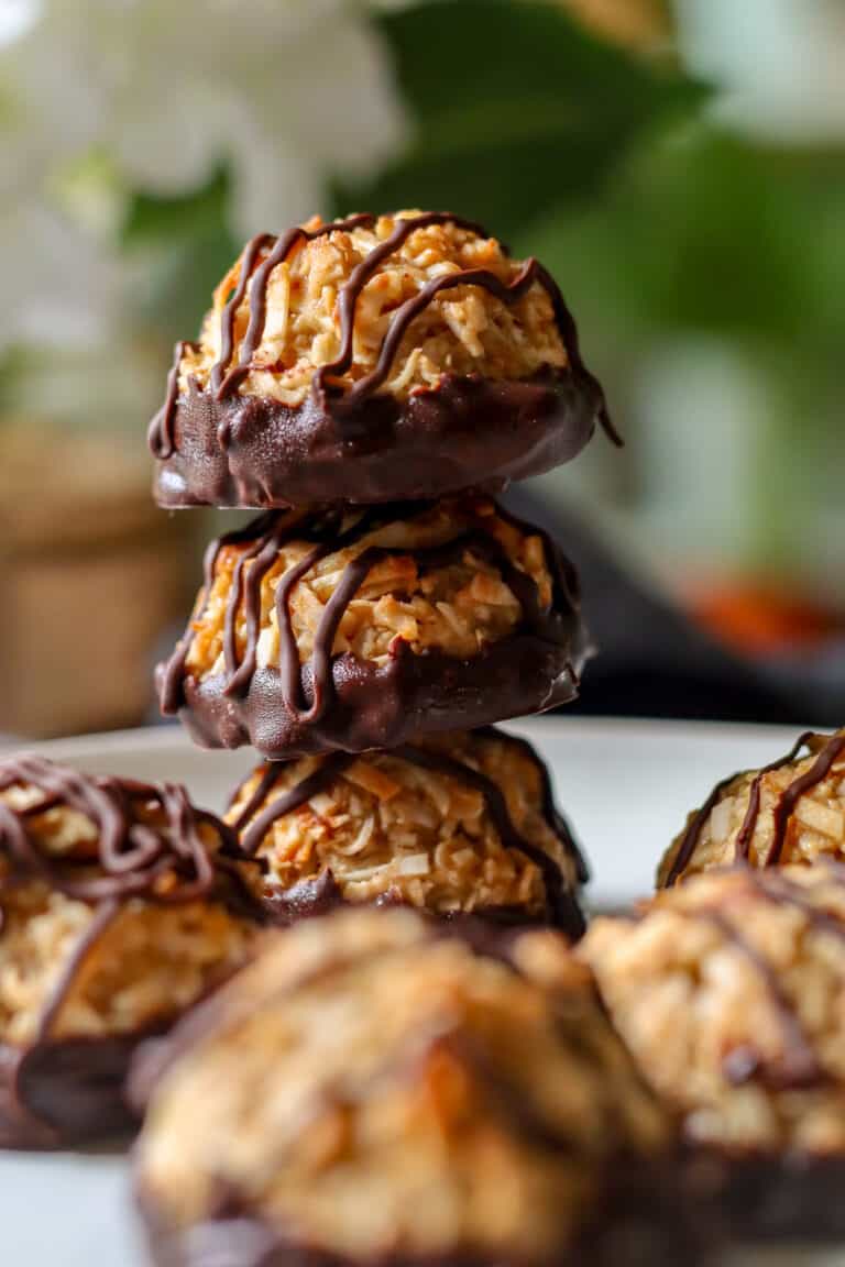 stack of chocolate dipped vegan coconut macaroons