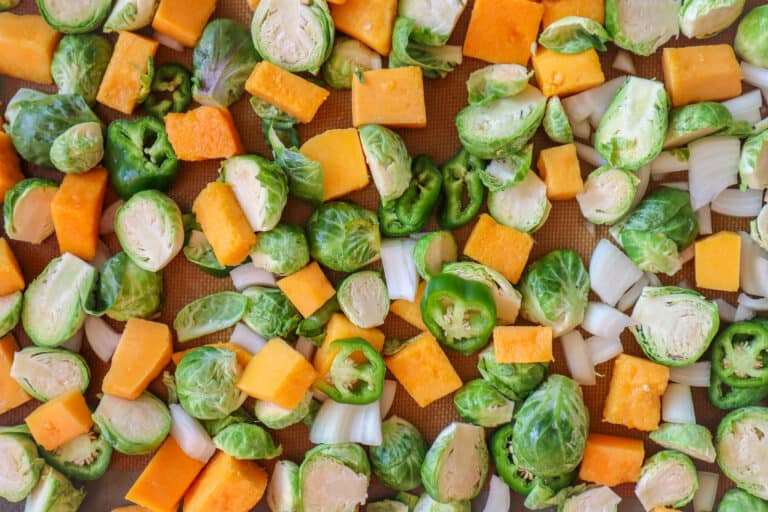 raw sliced brussels sprouts and butternut squash
