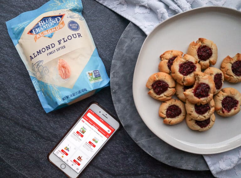 photo of vons mobile app pictured with thumbprint cookies and blue diamond almond flour package