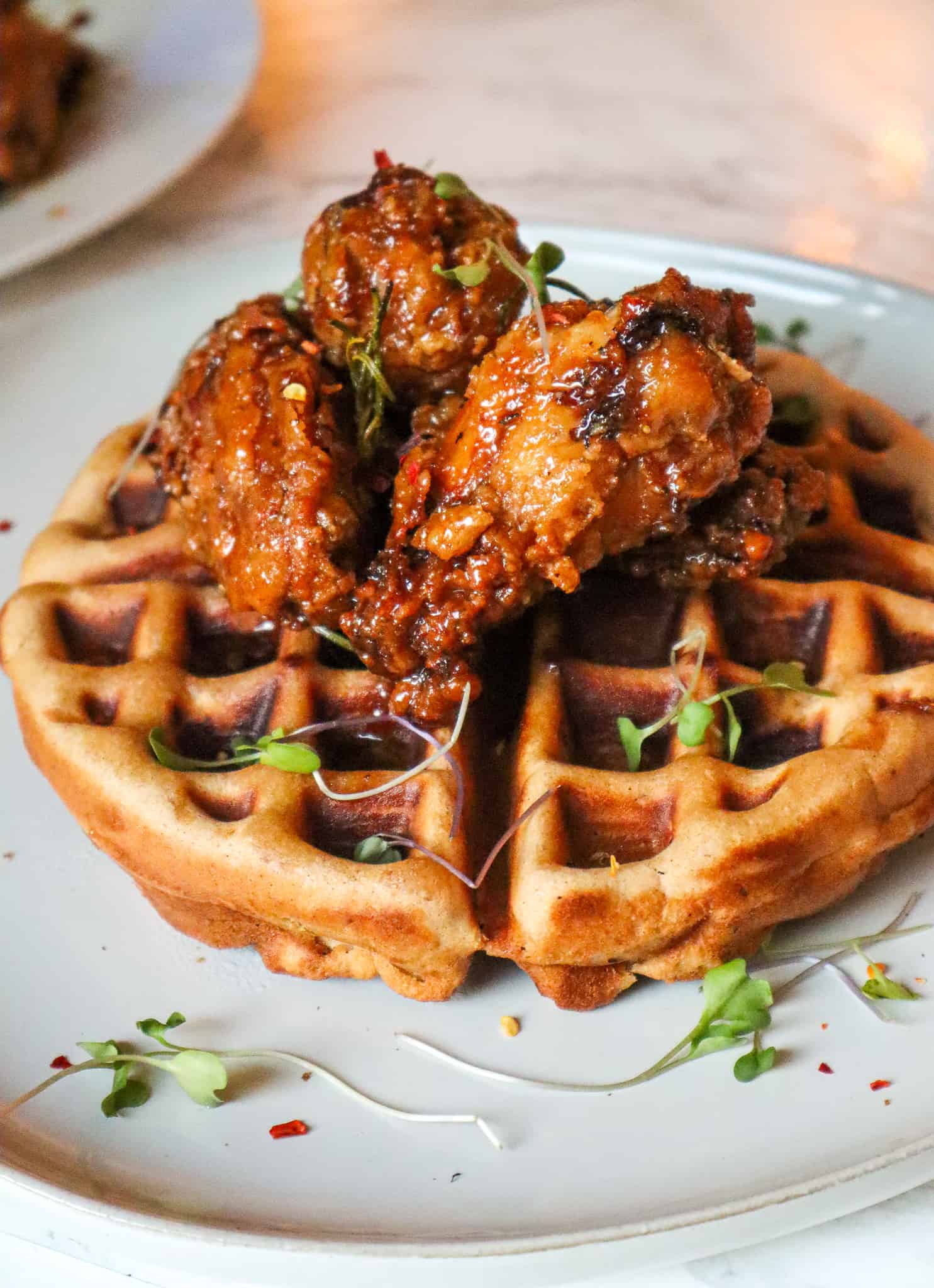 Gluten Free Fried Chicken and Waffles with Maple Bourbon Glaze