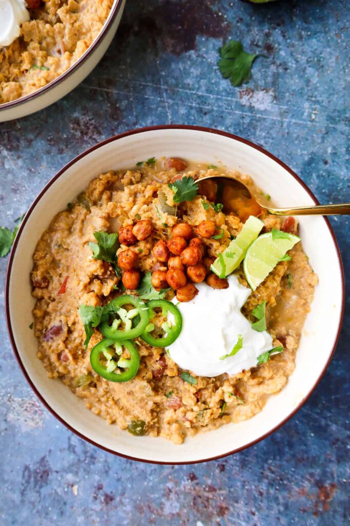 bowl of gluten-free White Bean Quinoa Chili