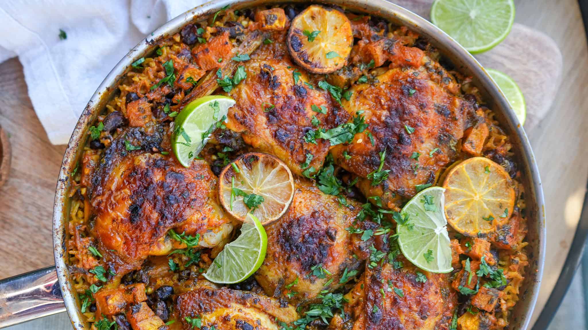 cilantro lime chicken and rice in a stainless steal pan
