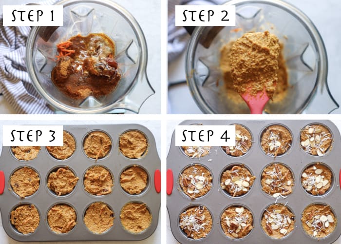 Visual steps of How to Make Healthy Blender Carrot cake muffins : step 1 add all ingredients to the blender, step two shows blended texture with all ingredients incorporated, step 3 shoes mixture in muffin pan, step 4 shows mixture in muffin pan with toppings of almond, coconut shredding, and pecans. 