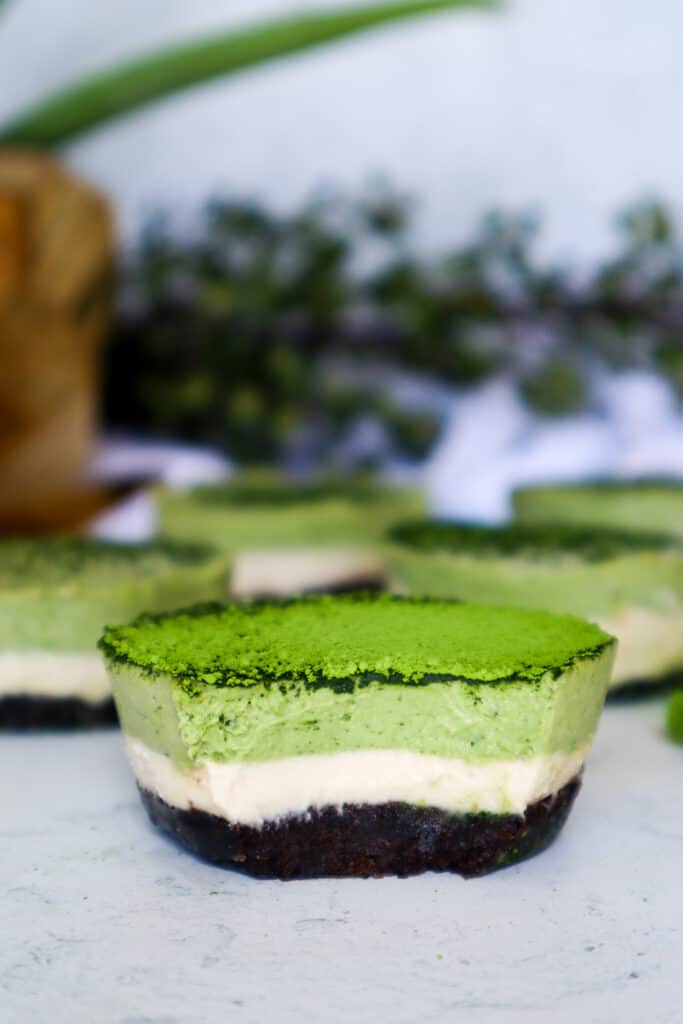 Close up Image of No Bake Vegan Matcha Cheesecake (Gluten-Free)