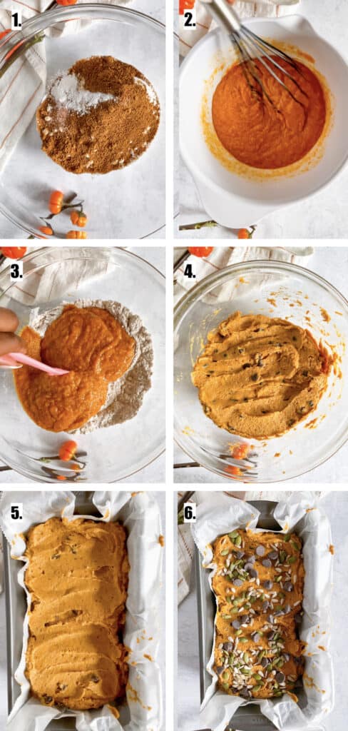 Steps by step photos to show how to make vegan gluten-free pumpkin chocolate chip bread. 1. mix dry ingredients together. 2 mix wet ingredients together. 3 combine. 4 fold in chocolate chips. 5 transfer to loaf pan. 6. add chocolate chips and pumpkin seeds on top, then bake