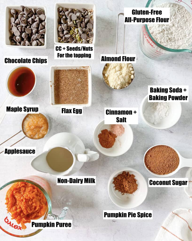 ingredients to make gluten free pumpkin chocolate chip bread