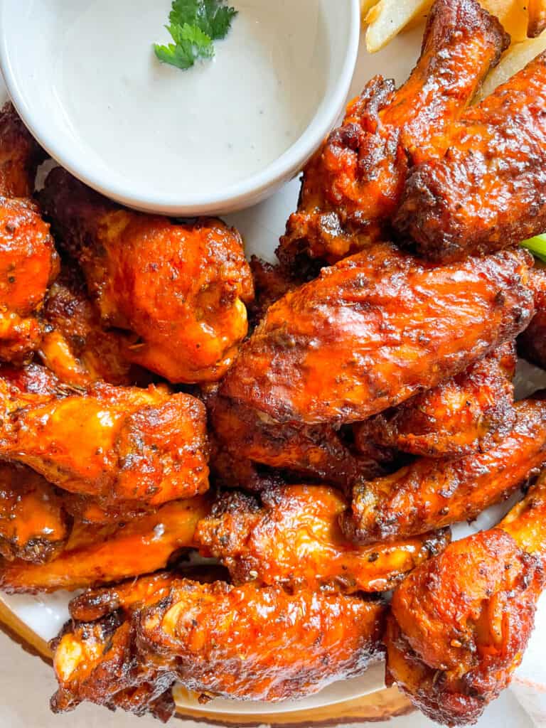 air fryer buffalo wings served with homemade ranch dressing