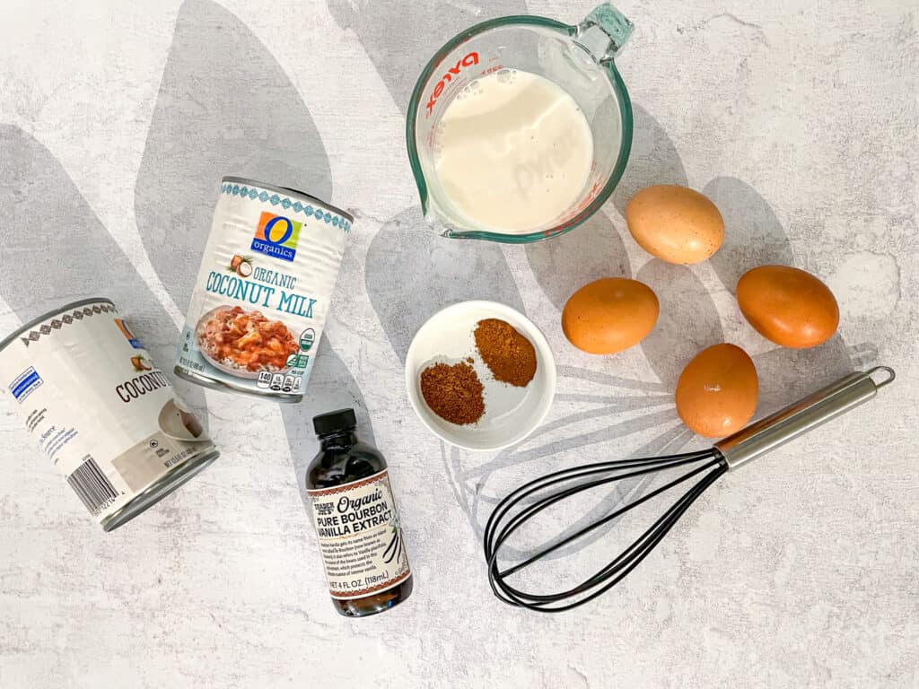 ingredients needed to make dairy free eggnog: coconut milk (canned) nutmeg, cinnamon, vanilla extract, eggs