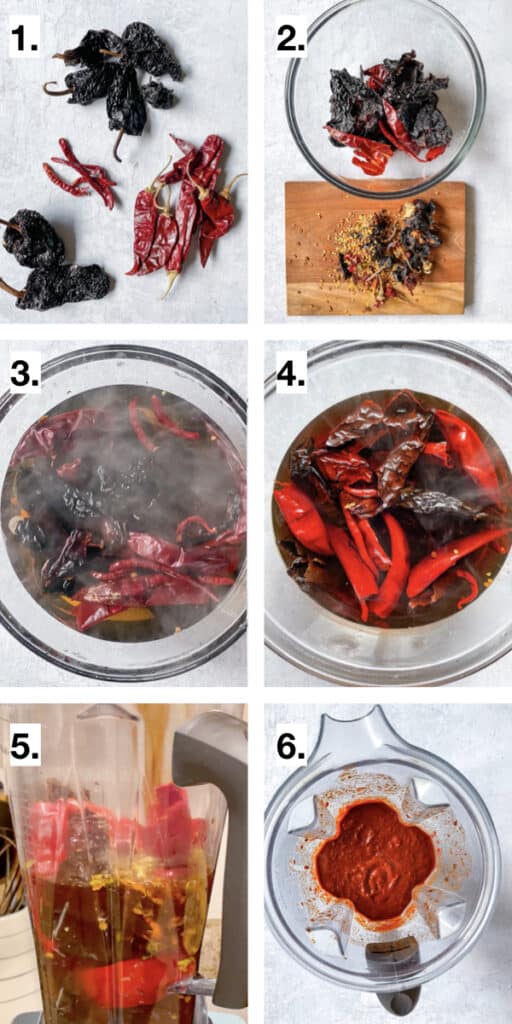 image steps to show how to make red chile sauce for pozole. images show peppers without seeds, then being soaked in boiled water, peppers expanded, ingredients in a blender, and finally the blended rojo sauce. 
