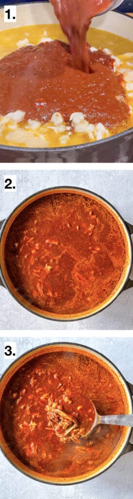 image steps to show rojo sauce (red chile sauce) being poured into chicken stew with hominy. overhead image of pozole simmering. and final image of chicken rojo pozole done cooking.
