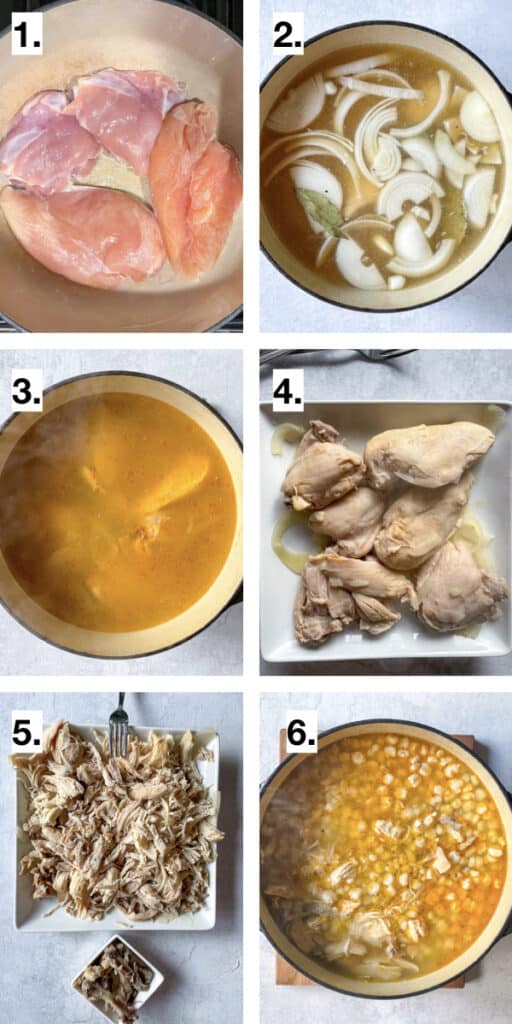 image steps to show how to prepare chicken and broth to make pozole. image of chicken being seared in a large dutch oven, broth and onions added, the cooked chicken on plate for shredding, then shredded, and finally added back to the dutch oven with hominy.