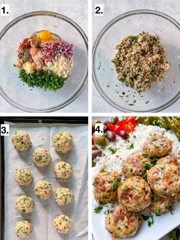 Step by step images to show how to make greek chicken meatballs