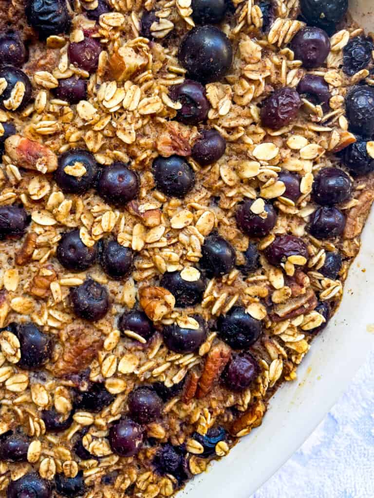 close up of baked oatmeal with blueberries to show texture