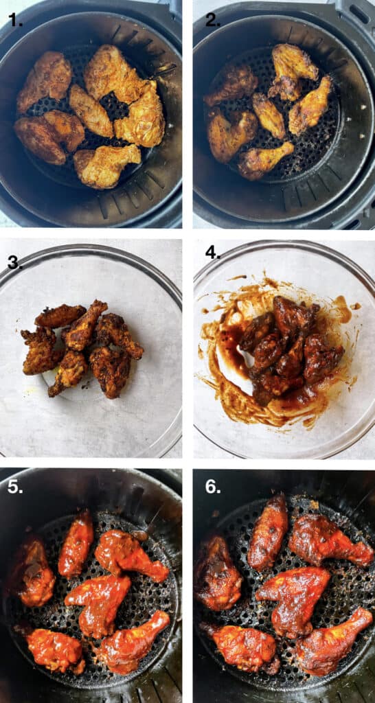 the 6 step process of making bbq chicken wings in the air fryer