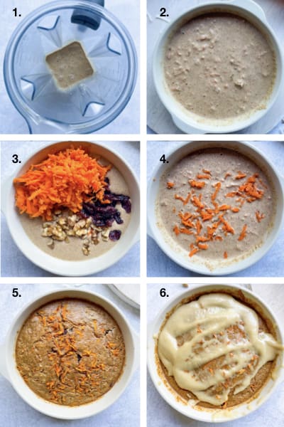 Images to show how to make carrot cake baked oats with vegan cream icing