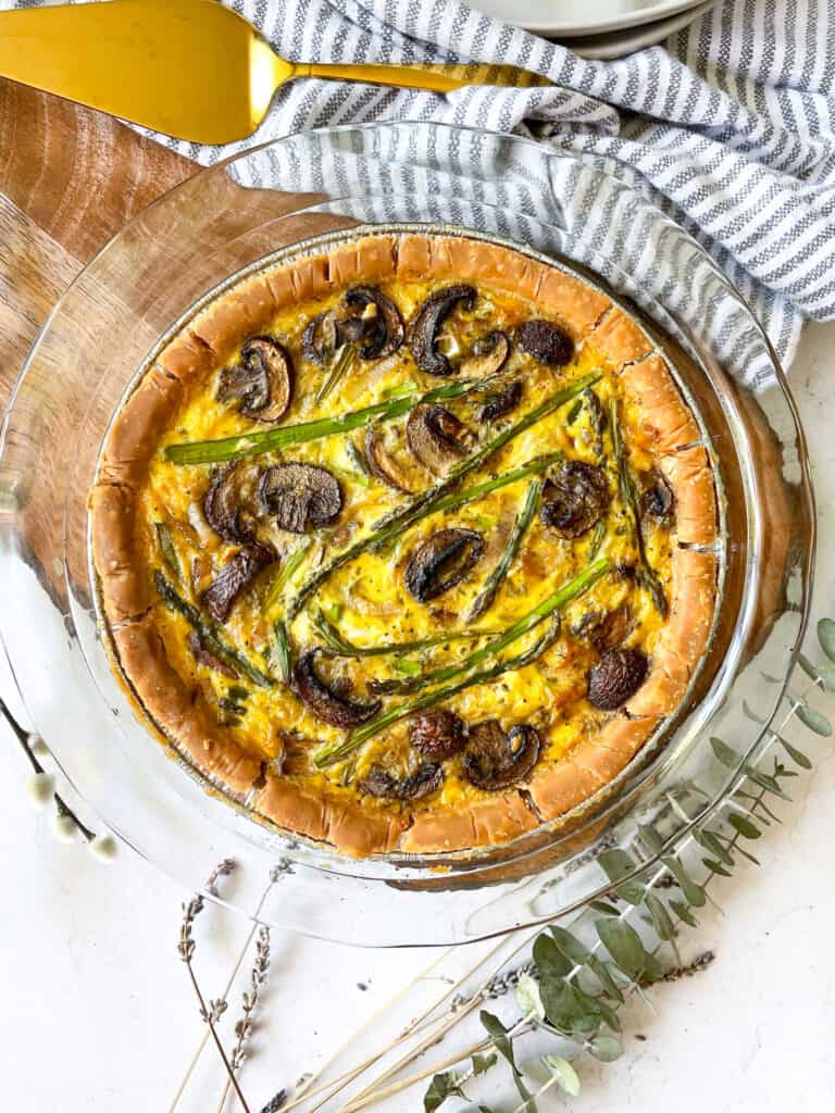 vegan gluten free eggless quiche with asparagus and mushrooms