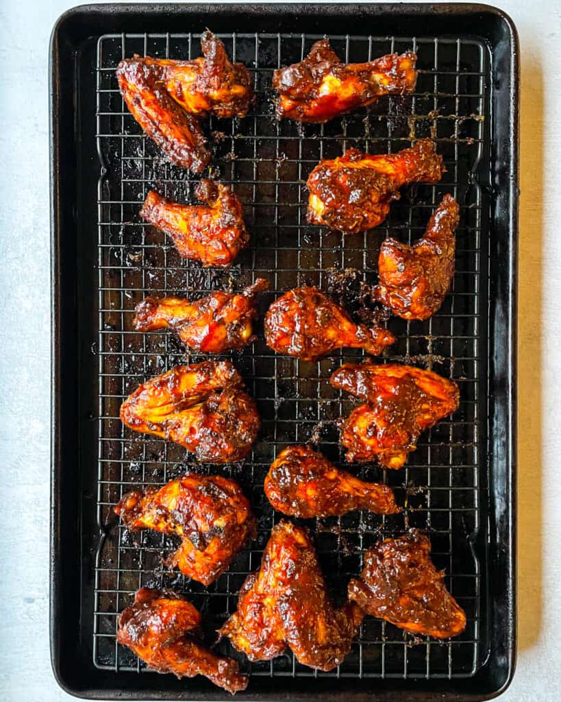 overhead view of baked bbq chicken wings