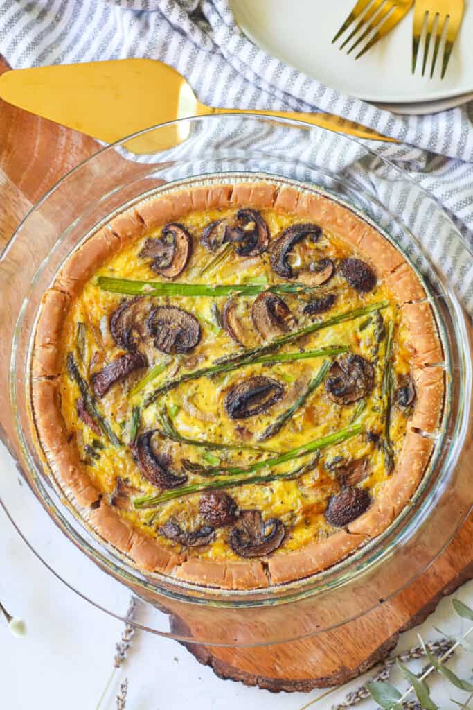 vegan just egg quiche with asparagus and mushrooms and shallots
