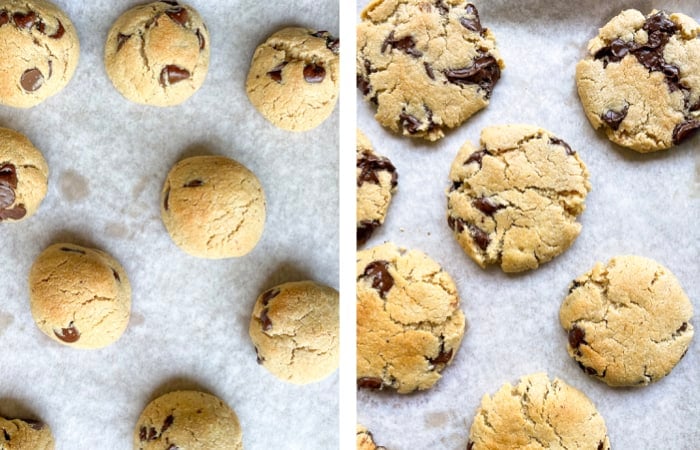 two side by side photos of cookie dough on a sheet and the baked cookies