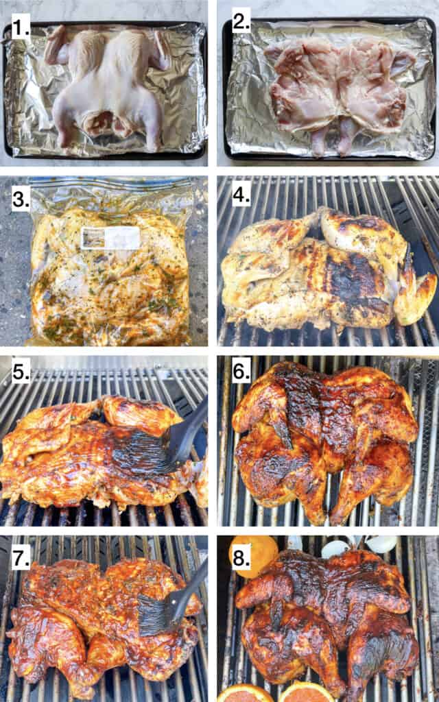 an 8 step image guide to grilling spatchcock chicken