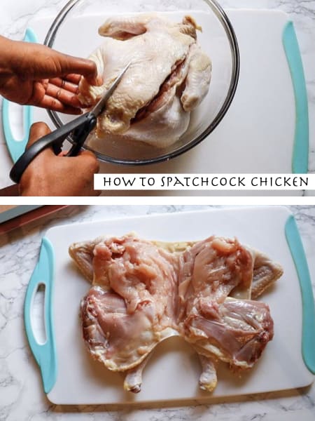 images to show how to spatchcock a chicken the top image shows the cutting of the spine with kitchen shears, the bottom image shows a raw whole chicken flat on a cutting board with the spine removed. there is text on the image that reads How to spatchcock chicken