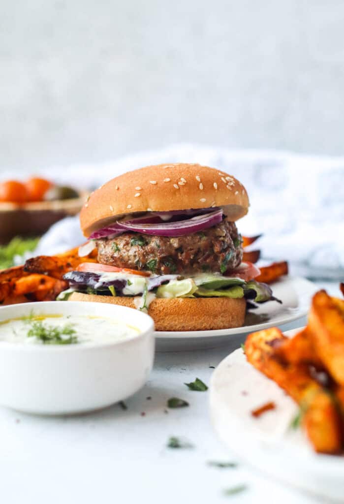 Plated burger with sliced red onions and sweet potato fries alongside a bowl of tzatziki