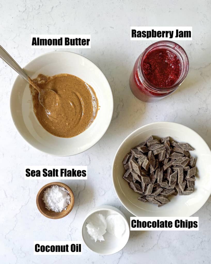 ingredients shown are almond butter in a bowl raspberry chia jam in a mason jar chocolate chips in a bowl coconut oil in a small ramekin and sea salt flakes in a small ramekin