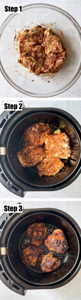 three vertical images of a step by step visual of how to make chicken thighs in the air fryer