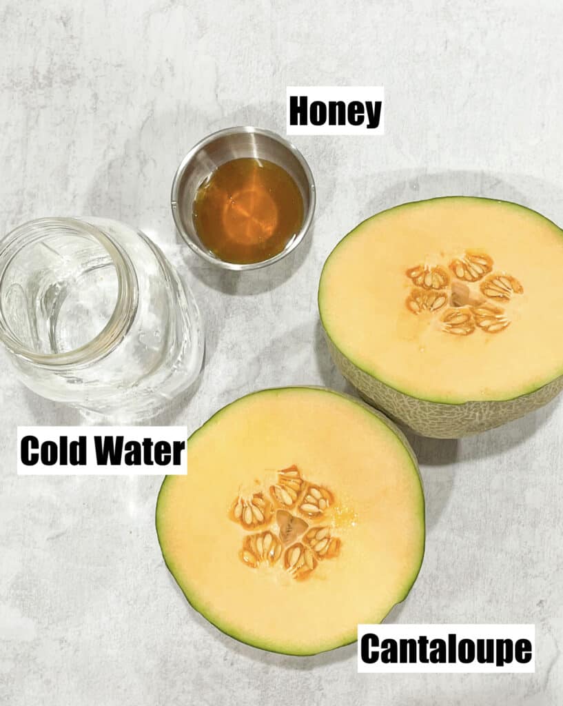 ingredients needed to make cantaloupe juice shown are cantaloupe cold water honey 