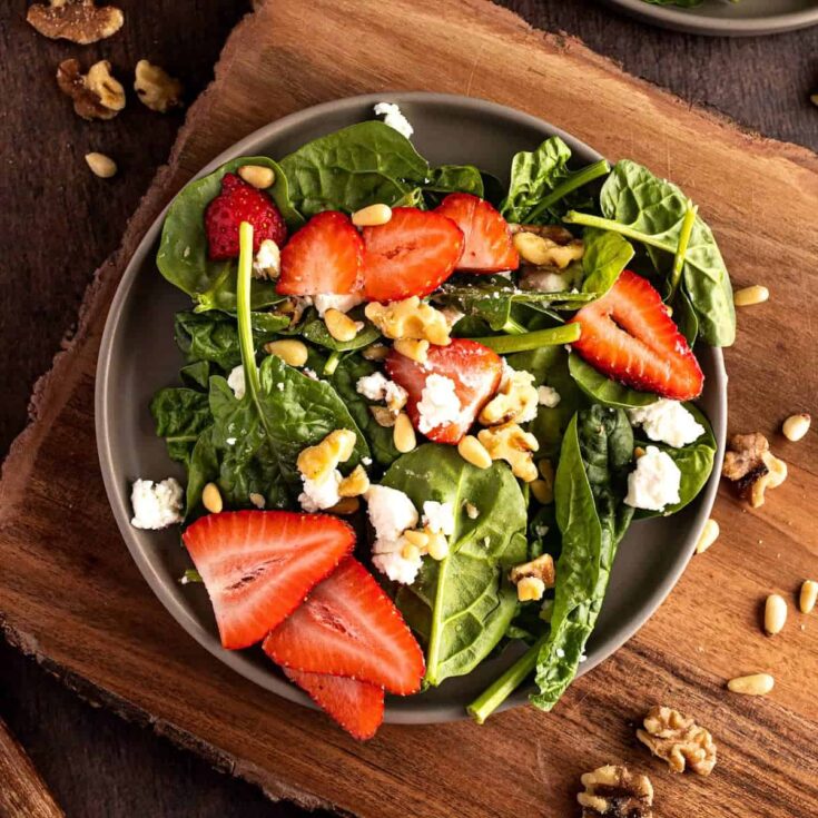 overhead view of strawberry goat cheese salad