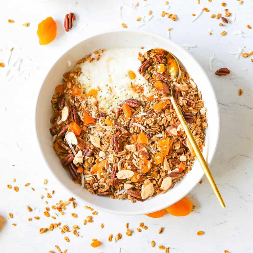 yogurt in a bowl topped with apricot granola