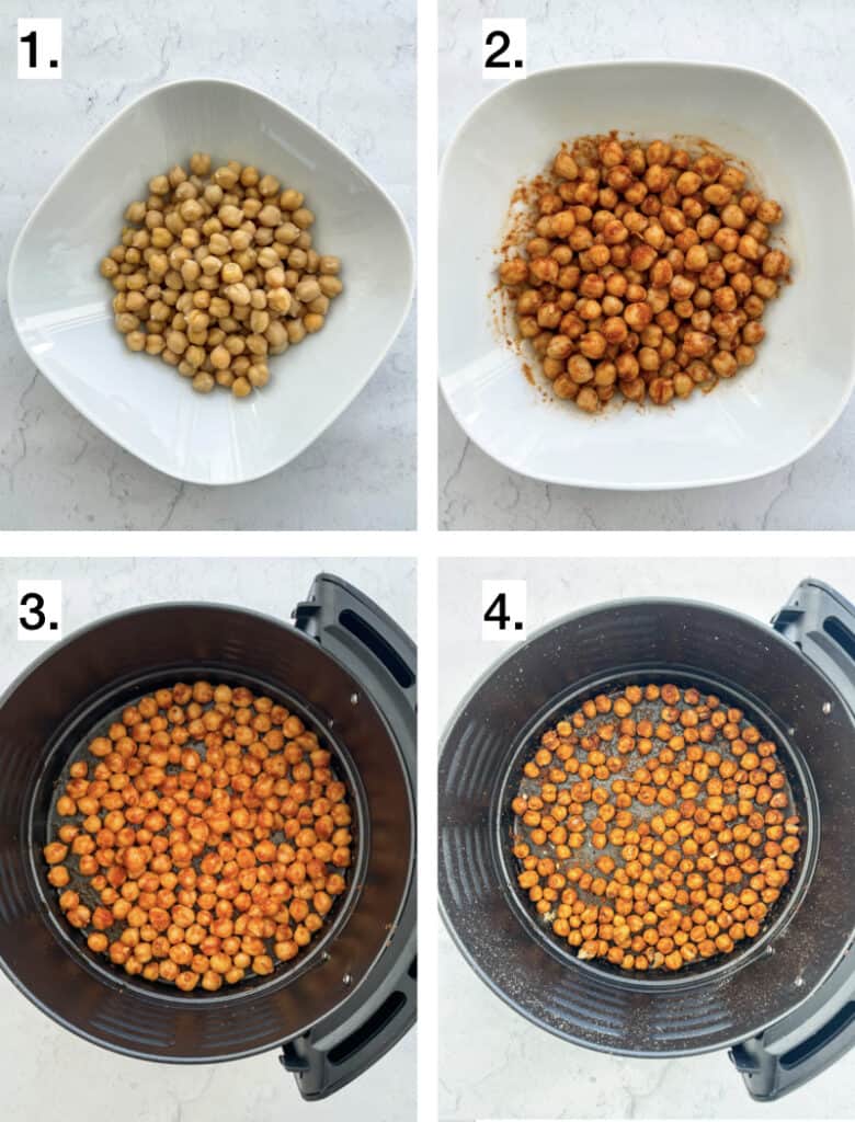 steps to show how to make chickpeas in the air fryer image in top left is a bowl of chickpeas image in top right is bowl of chickpeas seasoned with spices bottom left are chickpeas in the air fryer bottom right is chickpeas completely done and cooked in the air fryer