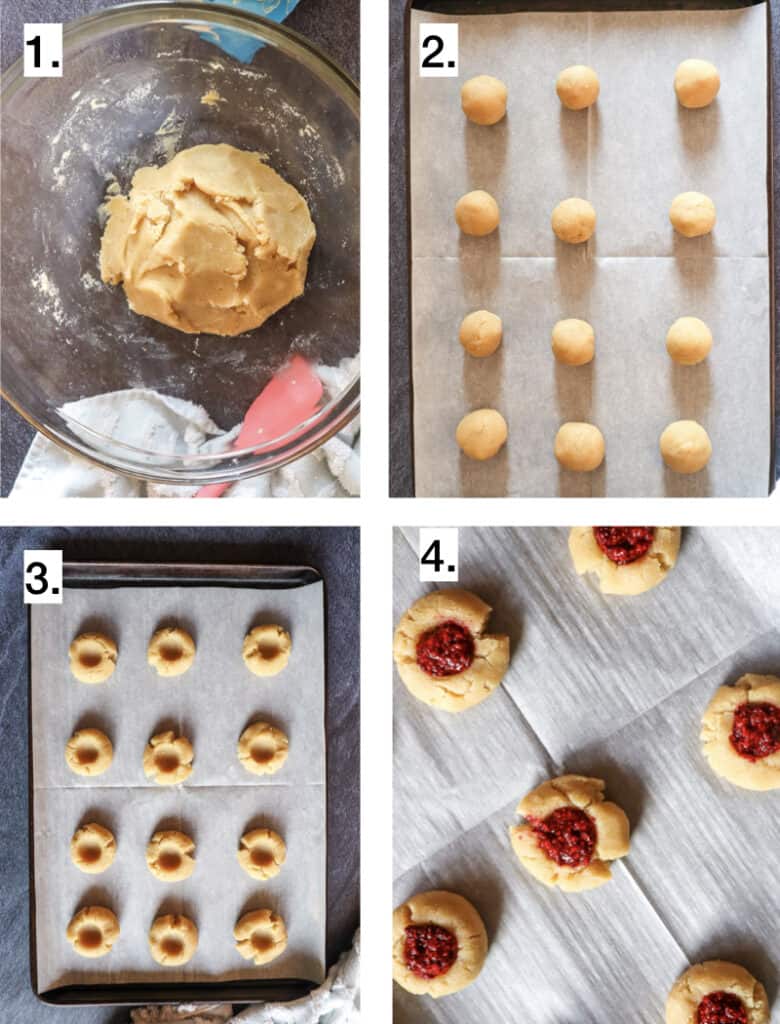 steps to show how to make thumbprint cookies. top left image is dough in a mound in a large clear bowl top right image is twelve balls of the dough on a parchment lined baking sheet bottom left photo is twelve balls with indents in each and bottom right image is close up of six jam filled thumbprint cookies before baking