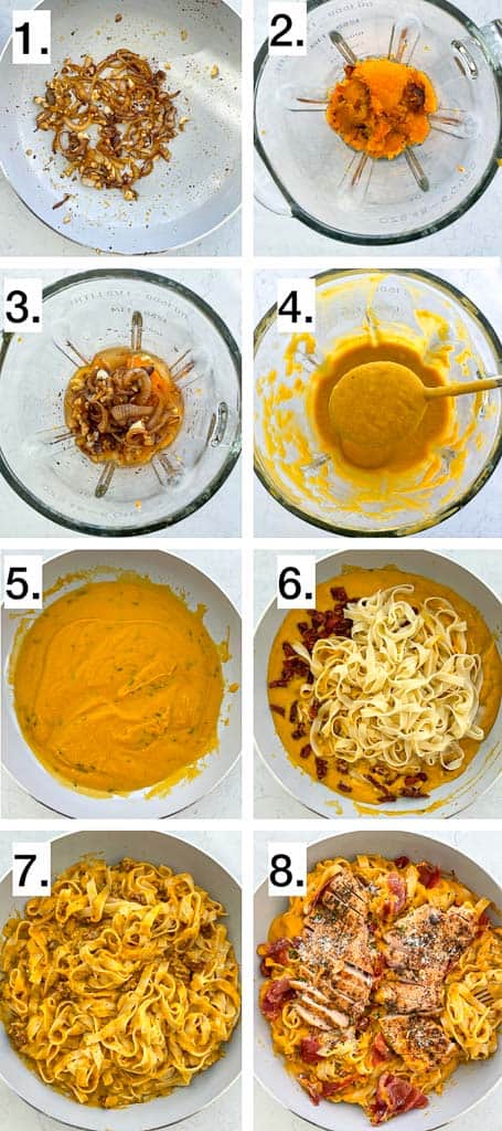 steps to show how to make butternut squash pasta sauce and assembling pasta