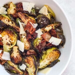 bowl of brussels sprouts with bacon and parmesan