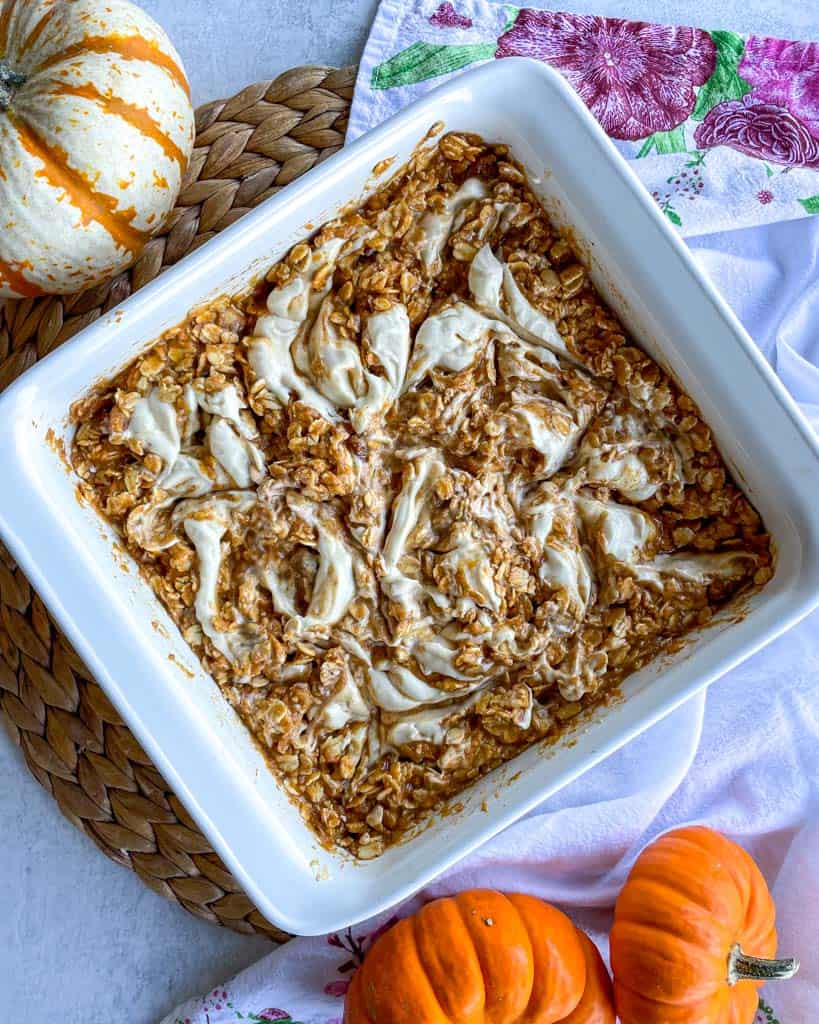 shot before baking of pumpkin baked oatmeal with maple cream cheese swirl in a white baking dish with small pumpkins in the corners of the photo
