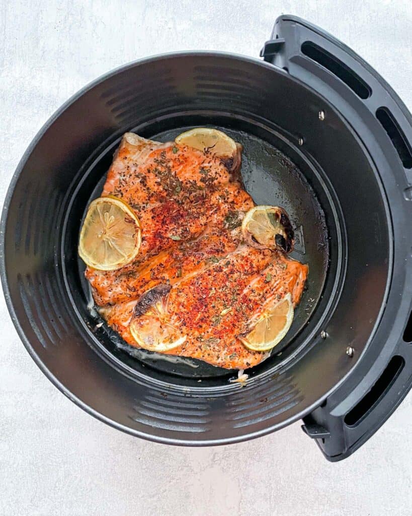 cooked salmon in an air fryer